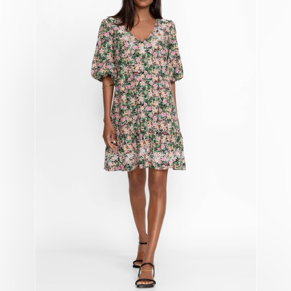 Johnny Was Rebekah Poplin Mini Dress Ditzy Floral Embroidered Eyelet M